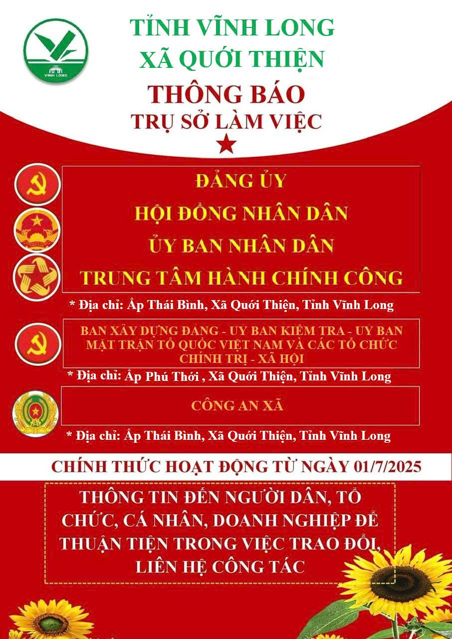 Thông báo về địa điểm trụ sở làm việc của các cơ quan, đơn vị tại xã Quới Thiện